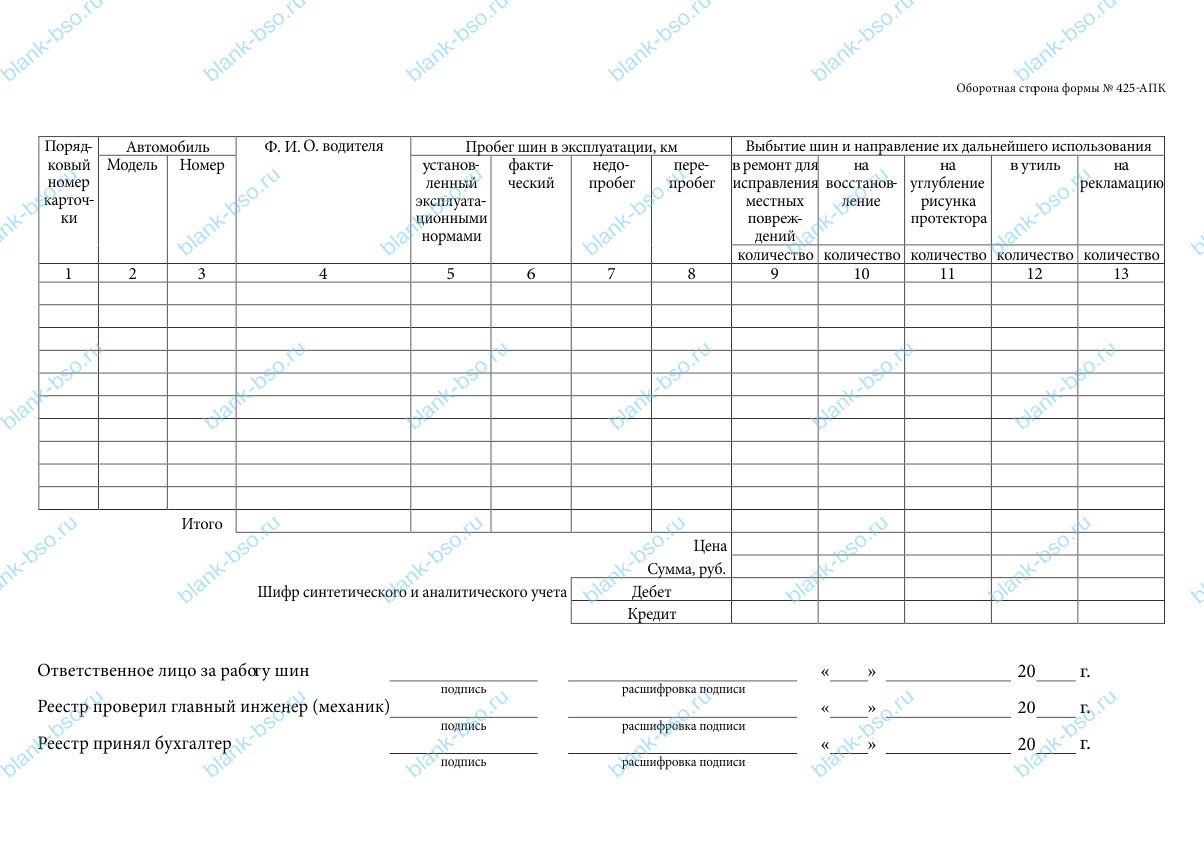 Реестр карточек учета работы шин ~ Образец bs1000 ~ Бланки и журналы онлайн
