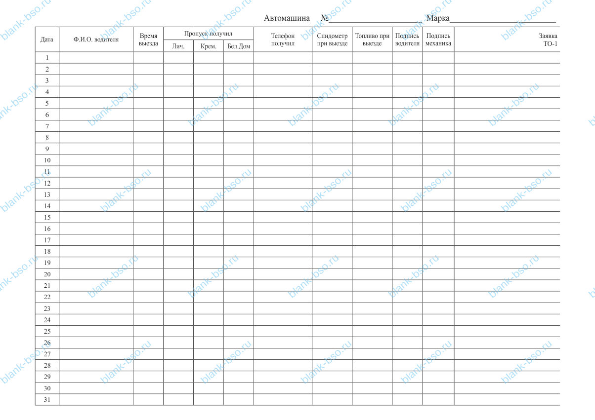 Журнал учета выпуска и приема автомобиля ~ Образец bs1304 ~ Бланки и ...
