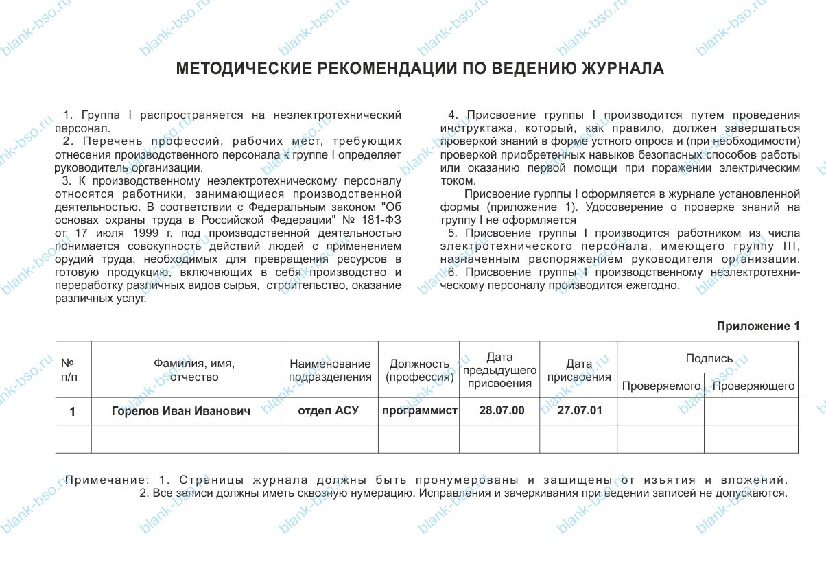 Журнал учета присвоения группы 1 по электробезопасности ...