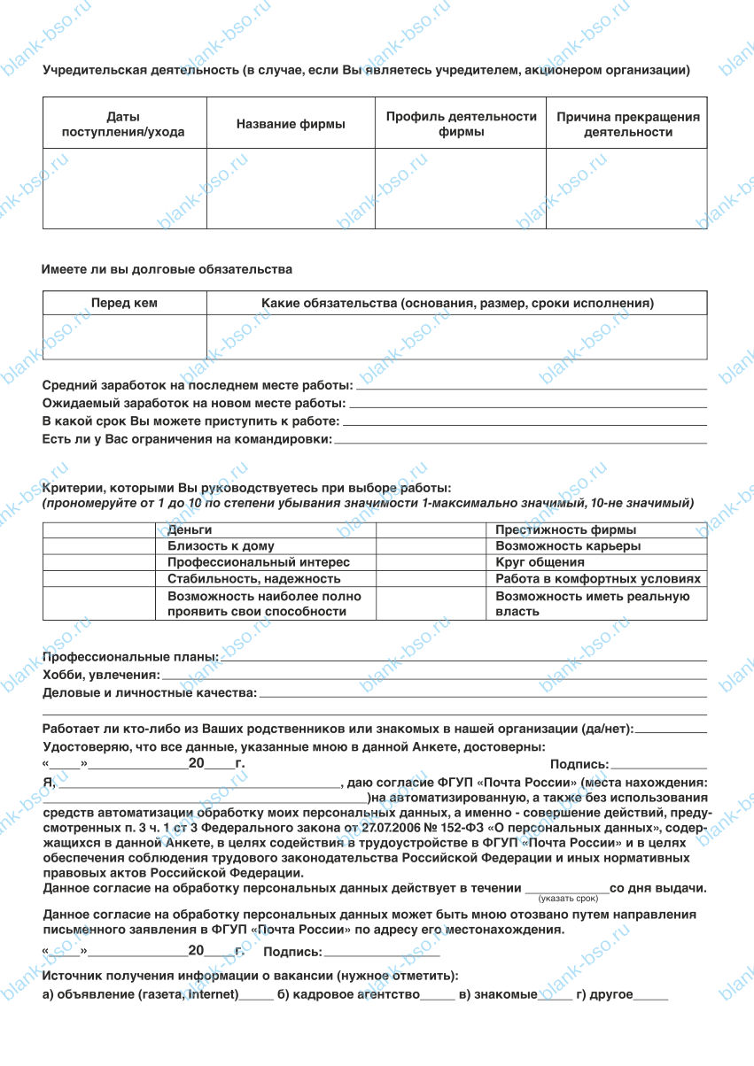 Анкета кандидата ~ Образец bs1817 ~ Бланки и журналы онлайн